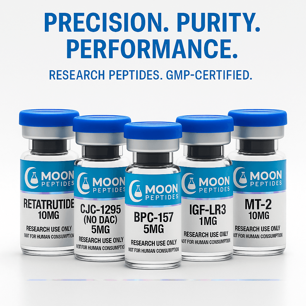 Moon Peptides research vials — Retatrutide, CJC-1295, BPC-157, IGF-LR3, and MT-2, each labeled Research Use Only