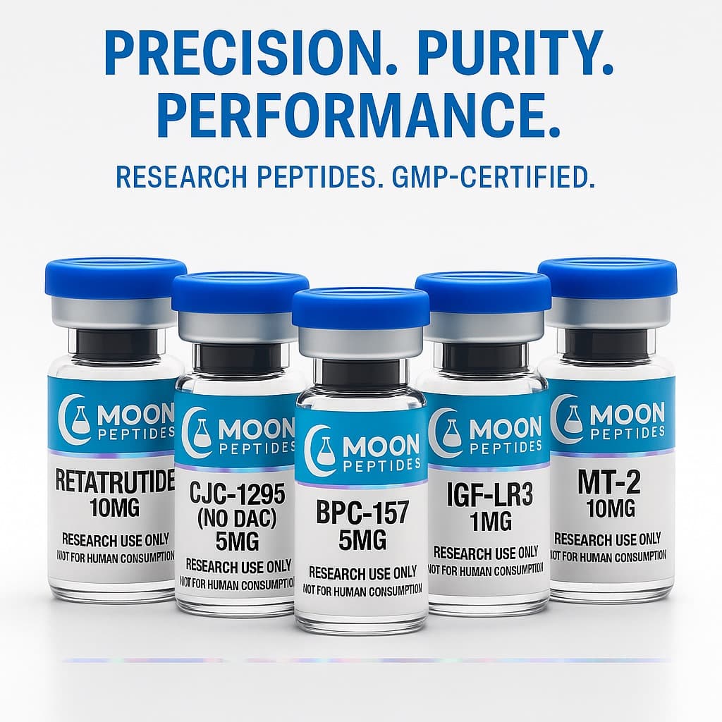 Moon Peptides research vials — Retatrutide, CJC-1295, BPC-157, IGF-LR3, and MT-2, each labeled Research Use Only